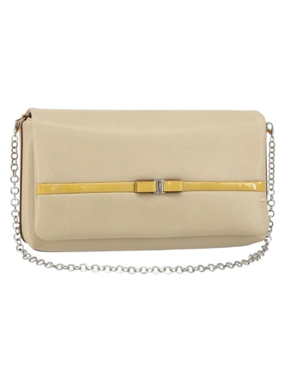 Authentic Salvatore Ferragamo Vala Chain Shoulder Bag Leather Beige Silver